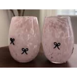 Set of 4- Murano Hand Blown Glass Pink Black Bows Stemless Wine NEW!